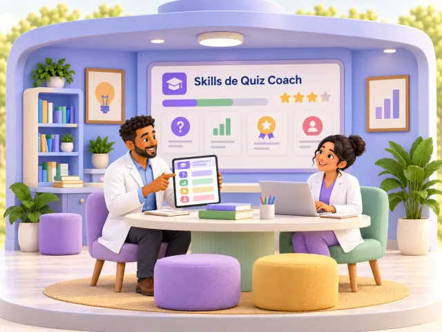 Illustration : dans une salle de formation lavande, un pharmacien montre sur sa tablette un parcours Skills de Quiz.Coach à une collègue, devant un écran de quiz, de progression et de badges.