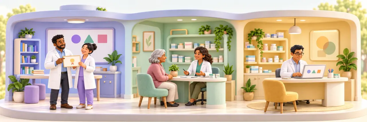 Une officine illustrée : un espace de formation, un entretien avec une patiente et un poste numérique.